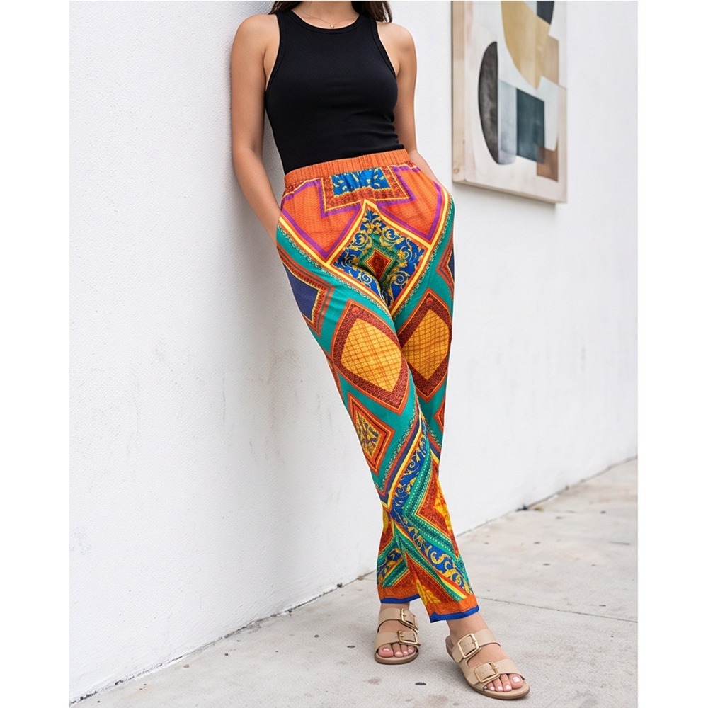 Flying Tomato S‎ Boho Scarf Print Straight Leg Pants Orange Multi Rayon Small